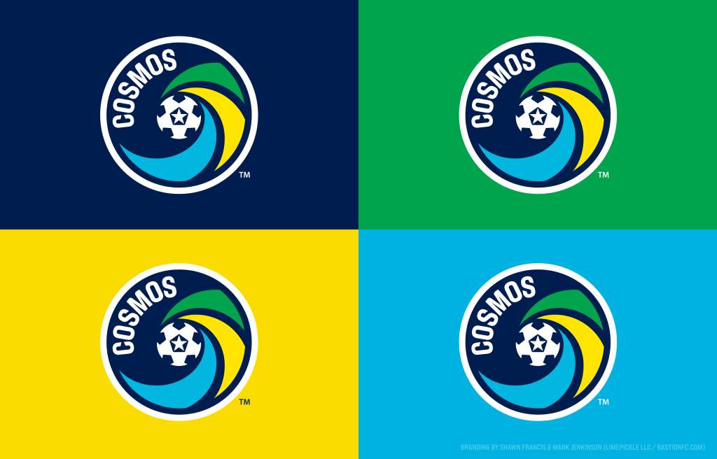 Four variations of the modern COSMOS badge displayed on different background colors: navy blue, green, yellow, and sky blue. Each circular logo features a stylized white soccer ball with a star at center, surrounded by green, yellow, and cyan swirling blades, with the word 'COSMOS' in white curved around the ball.